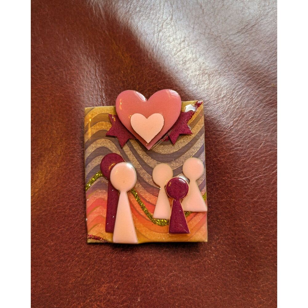 Vintage People Pin by Lucinda - Pink Maroon Hearts, 5 People, Swirl Background